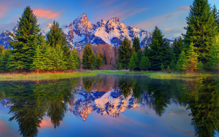 Mountain reflection lake trees sunset 3 - beautiful landscape free wallpaper