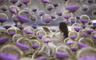 Woman purpleflowers bubbles surreal sky - surreal photography free wallpaper