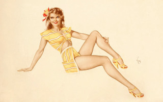 Woman yellow dress bow shoe - an art deco painting free wallpaper