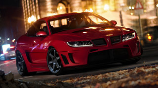 Red sports car night city 11 - photorealistic lighting free wallpaper