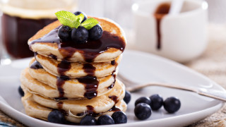 Pancakes blueberries syrup coffee plate - food photography free wallpaper