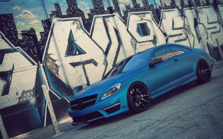 Blue mercedes benz coupe graffiti - a graffiti wall free wallpaper