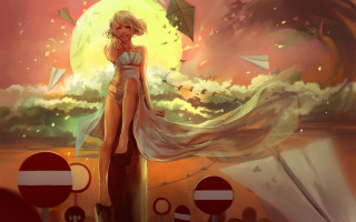 Woman sunset kite beachball blonde - art station free wallpaper