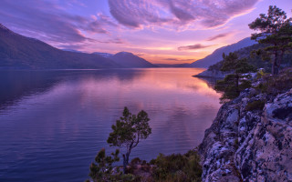 Lake tree mountain sunset clouds - magic realism free wallpaper for desktop