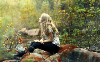 Woman sitting woods water bright - the water and trees free wallpaper