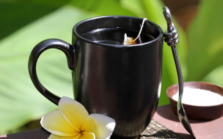 Black mug flower spoon table - product photography free wallpaper