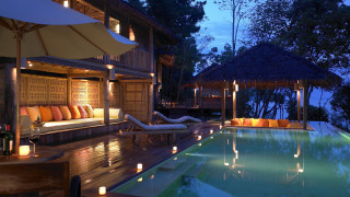 Pool lounge chair umbrella night - roof free wallpaper