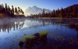 Lake fog mountains forest sky - bob ross free wallpaper