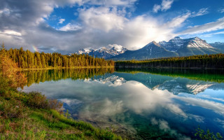 Mountain reflection lake forest sky 9 - a few white cloud free wallpaper