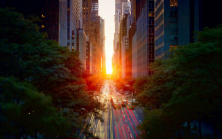 City sunset street cars buildings - a matte painting free wallpaper for desktop