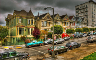 Street cars houses sky urban - car free wallpaper