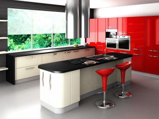 Kitchen black countertop red cabinets - 3 d free wallpaper