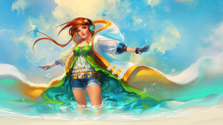 Woman colorful dress water blowing - art station free wallpaper