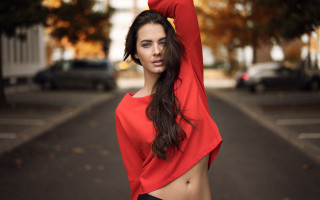 Esztter mattioni red top street - her arm behind her head free wallpaper