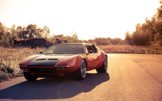 Red sports car road forest - retro free wallpaper