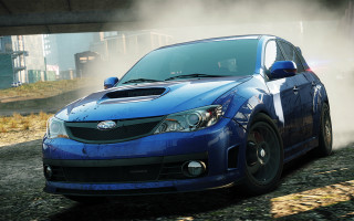 Blue car dirt road bridge - cinematic focus free wallpaper