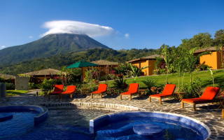 Mountain view pool beach volcano - a matte painting free wallpaper