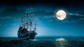 Large boat full moon water - dark atmosphere free wallpaper