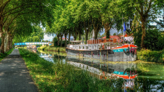 Boat river path bridge trees - cloisonnism free wallpaper for desktop