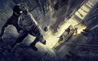 Man gas mask city street 4 - ben templesmith free wallpaper