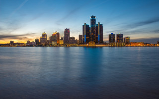 City skyline dusk water boat - a matte painting free wallpaper