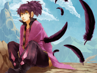 Man sitting rock birds mountains - a sky full free wallpaper