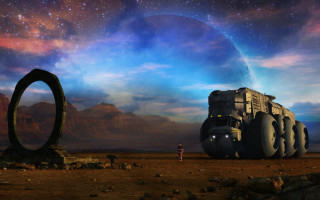 Desert giant tire astronaut moon - matte painting free wallpaper for desktop