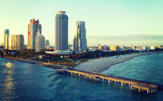 City skyline beach pier reflection - city background free wallpaper