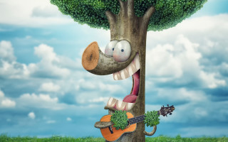 Cartoon guitar tree sky clouds - funk art free wallpaper