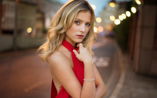 Woman red dress night street - a street corner free wallpaper