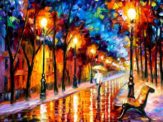 Bench rainy night park lights - impressionist painting free wallpaper