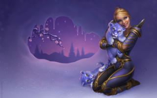 Woman cat snow purple background - a purple sky behind her free wallpaper
