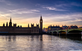 Large building clock tower river 2 - a bridge in front free wallpaper