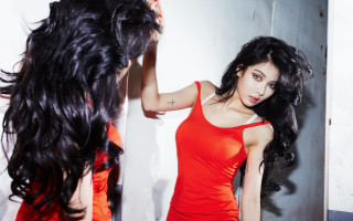 Woman red dress brushing hair - private press free wallpaper for desktop