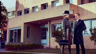 Two men suits hats building - an art deco painting free wallpaper