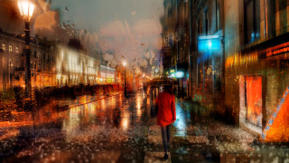 Night street umbrella cityscape fire - impressionist free wallpaper