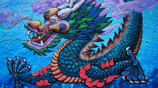 Dragon sky clouds bird fang - a blue wall free wallpaper