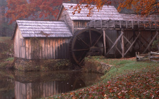 Water mill autumn landscape east - the foreground and a body of water free wallpaper