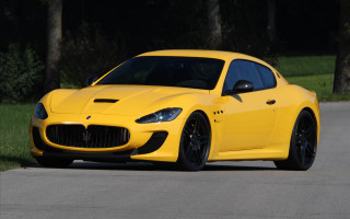 Yellow sports car driving neoclassic - a grassy area free wallpaper