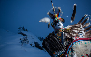 Man feathers headdress snow night - headdress free wallpaper