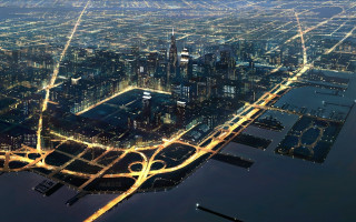 City night lights water ferris - matte painting concept art free wallpaper