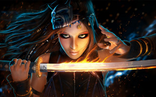 Demon fantasy woman fire sword - epic fantasy character art free wallpaper