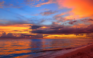 Sunset ocean clouds beach boat - expressionism free wallpaper