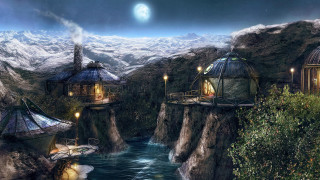 Fantasy mountain river bridge hut - a mountain range in the background free wallpaper