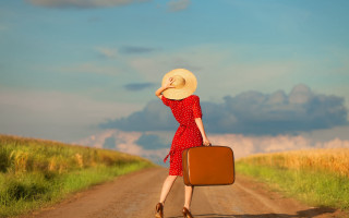 Woman red dress hat suitcase - evaline ness free wallpaper