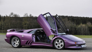 Purple sports car parking lot - the background and a forest in the background free wallpaper