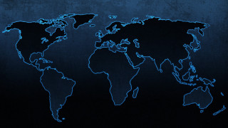Blue world map black background - international typographic style free wallpaper