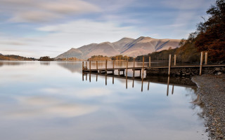 Lake dock mountains clouds trees - a long dock free wallpaper