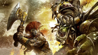 Demonic battlefire armor axe shield - a demon in the background free wallpaper