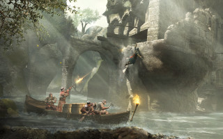 River bridge group boat man - cliff childs free wallpaper